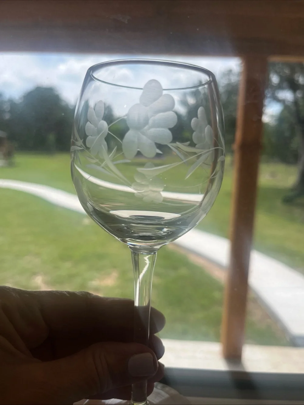 Vintage etched crystal wine glasses, floral and leaf pattern, set of 2